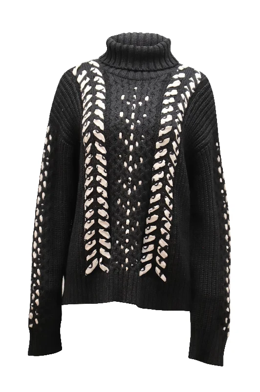 Jason Wu Whipstitched Cable-knit Turtleneck Sweater in Black Merino Wool