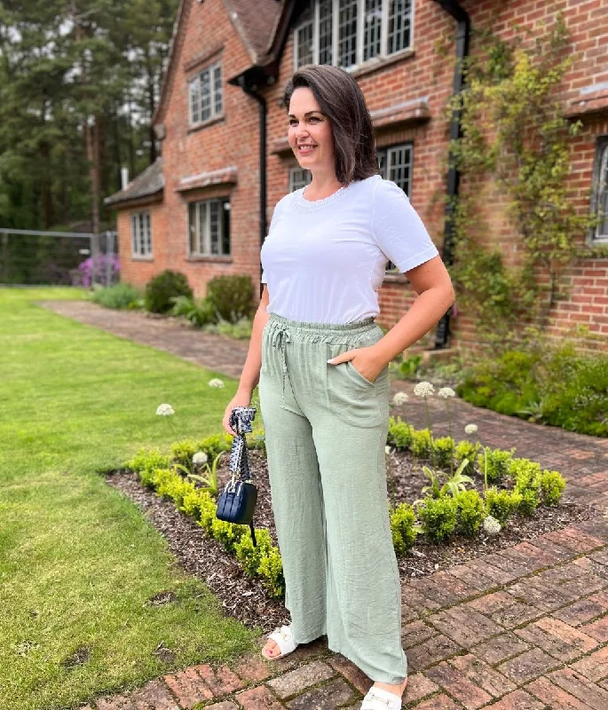 Khaki Linen Look Wide Trousers