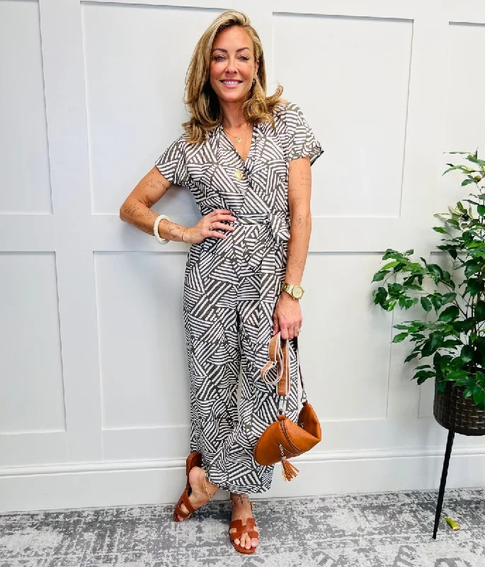 Khaki Print Wrap Belted Jumpsuit