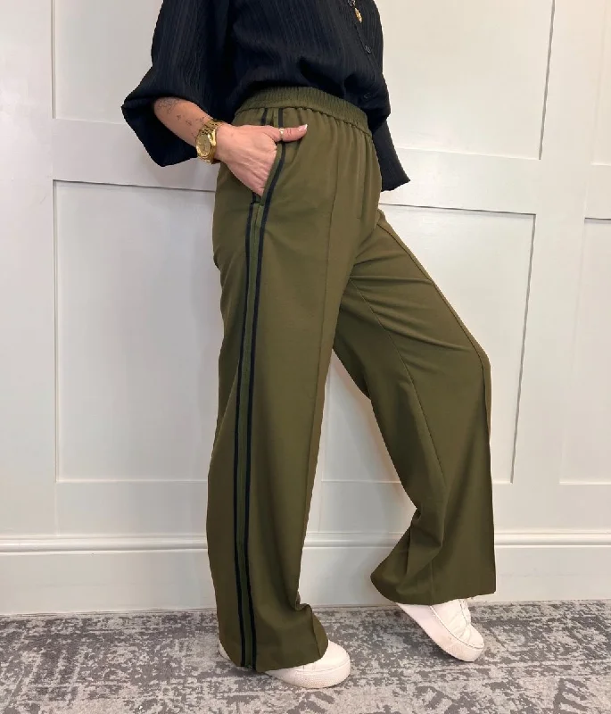 Khaki Side Stripe Wide Leg Trousers