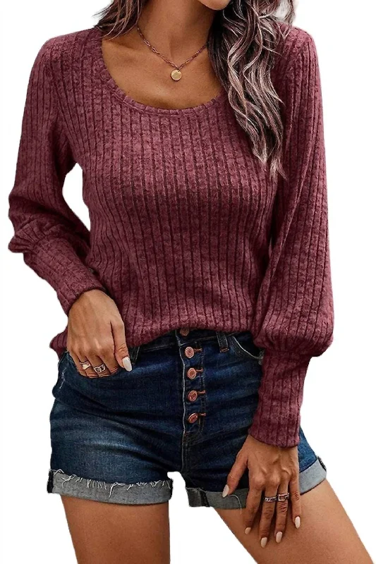 Lantern Sleeve Ribbed Knit Top In Ruby