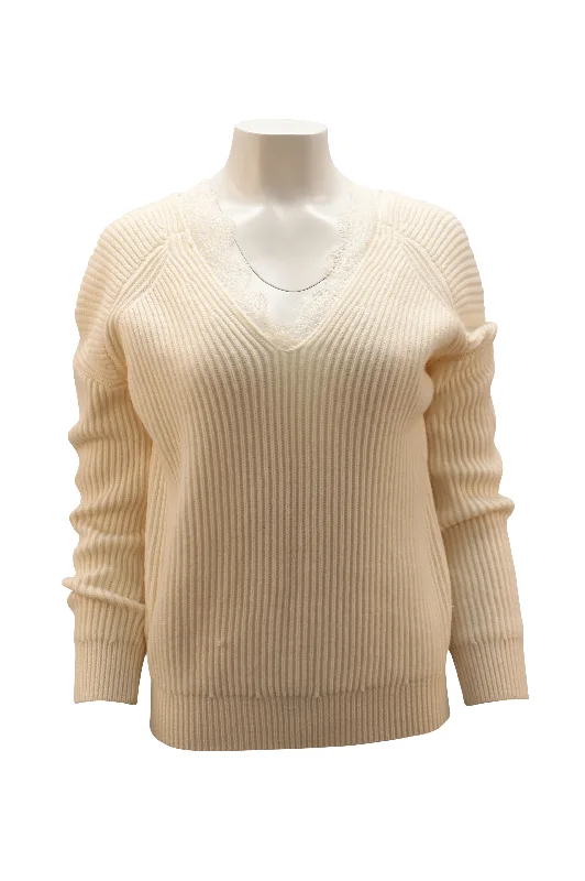 Maje Lace Neckline Sweater in White Acrylic