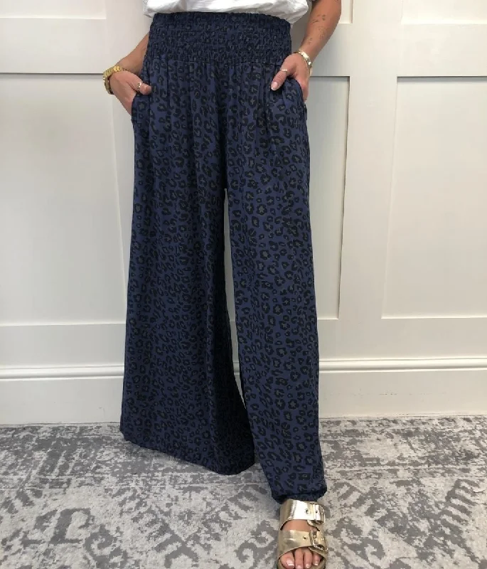 Navy Animal Print Wide Leg Trousers