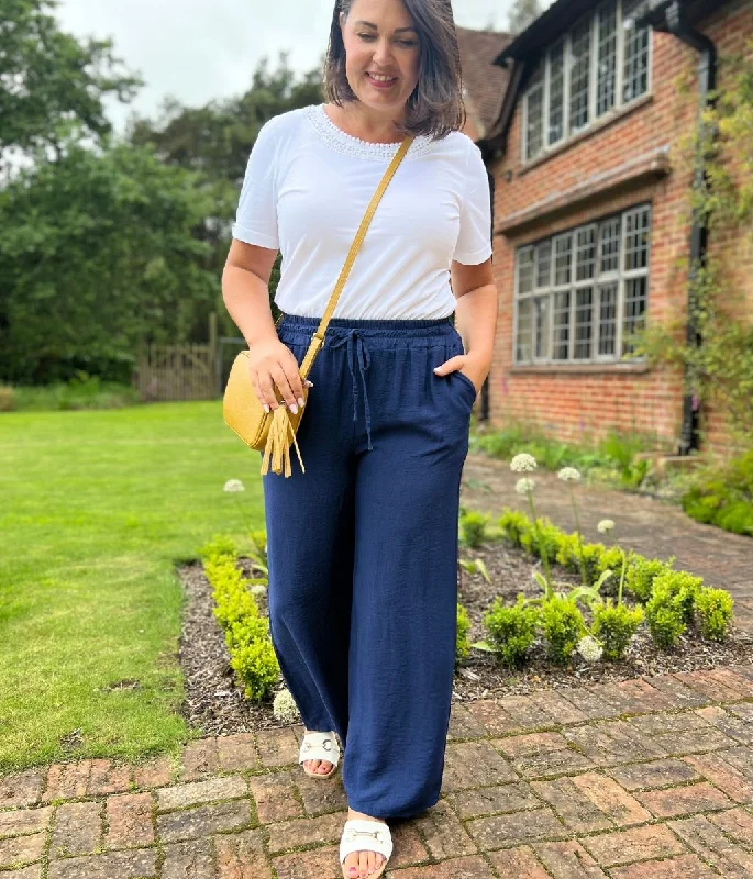 Navy Linen Look Wide Trousers