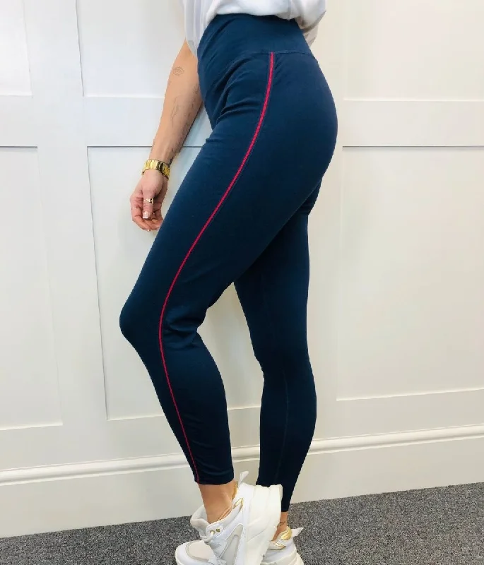 Navy Red Side Stripe High Waisted Leggings