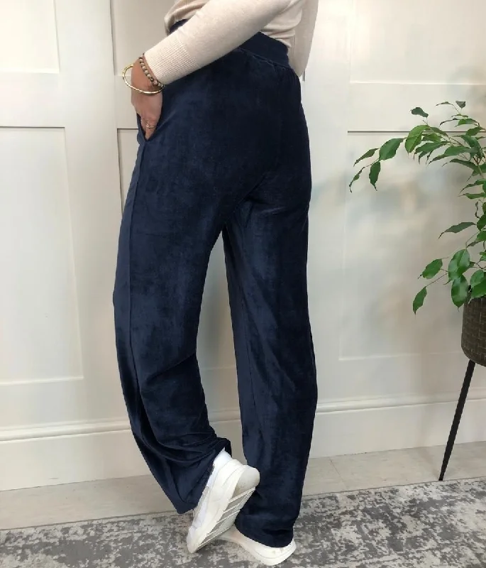 Navy Velour Wide Leg Joggers