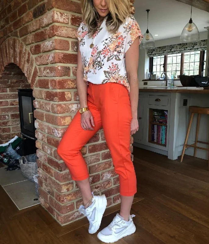 Orange Cotton Blend Slim Fit Cropped Trousers