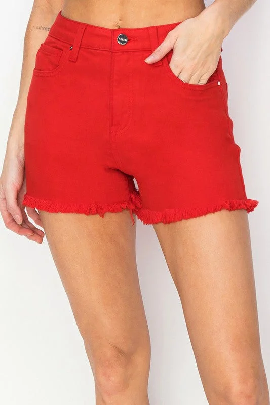 Fiesta Red Denim Frayed Shorts