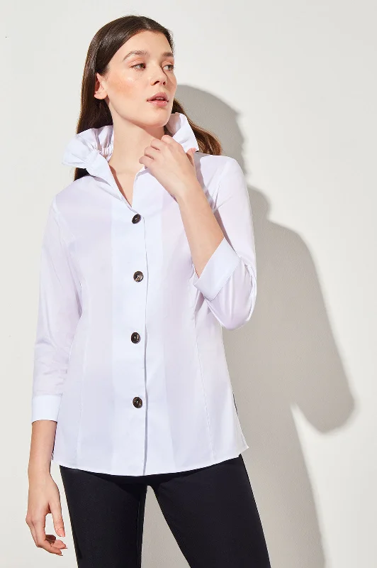 Ruffle Neck Button-Front Cotton Poplin Blouse