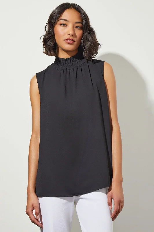 Smocked Neckline Crepe de Chine Blouse, Black