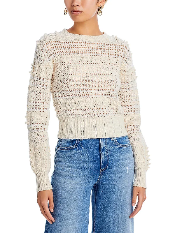 Womens Wool Crochet Trim Crewneck Sweater