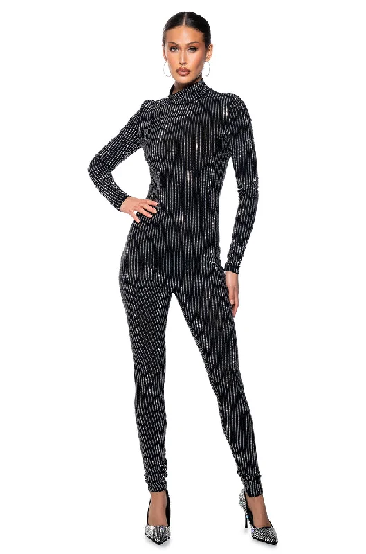 ALL ABOUT ME STRIPED RHINESTONE JUMPSUIT