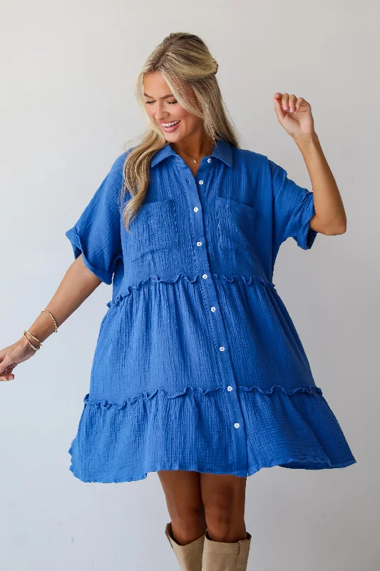 Charming Dynamic Royal Blue Linen Tiered Mini Dress