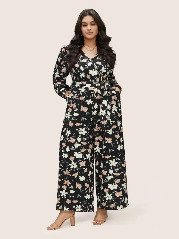 Floral Elastic Waist Belted Wrap Jumpsuit