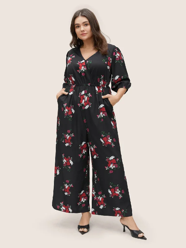 Floral Elastic Waist Overlap Collar Gathered Jumpsuit