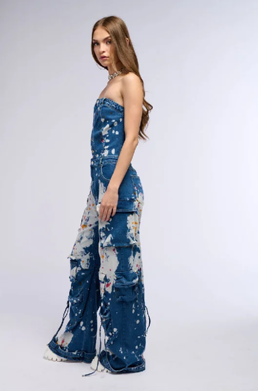 LAURYN STRAPLESS CARGO SPLATTERED DENIM JUMPSUIT