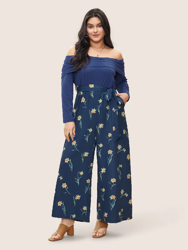 Off Shoulder Floral Patchwork Ruched Belted Jumpsuit