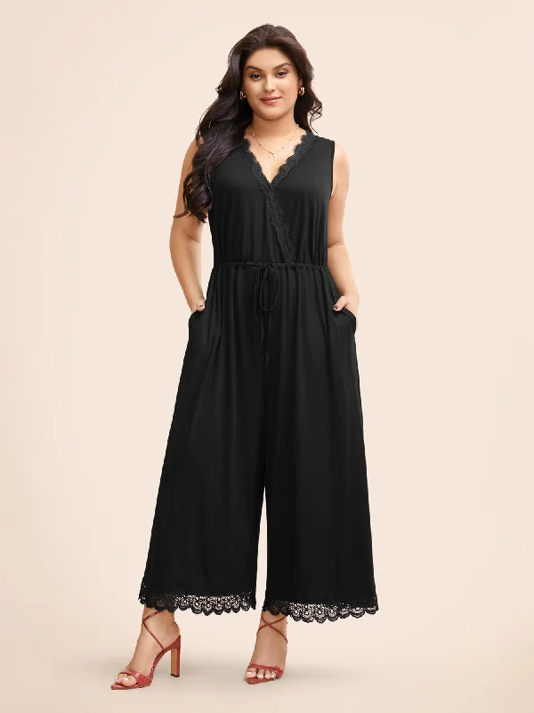 Overlap Collar Lace Trim Drawstring Jumpsuit