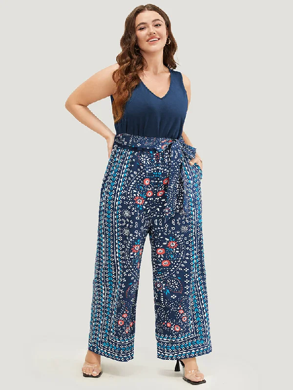 Paisley Patchwork Zipper Pocket Belted Tank Jumpsuit