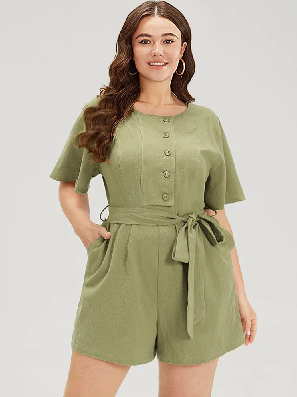 Plain Pocket Belted Button Through Jumpsuit