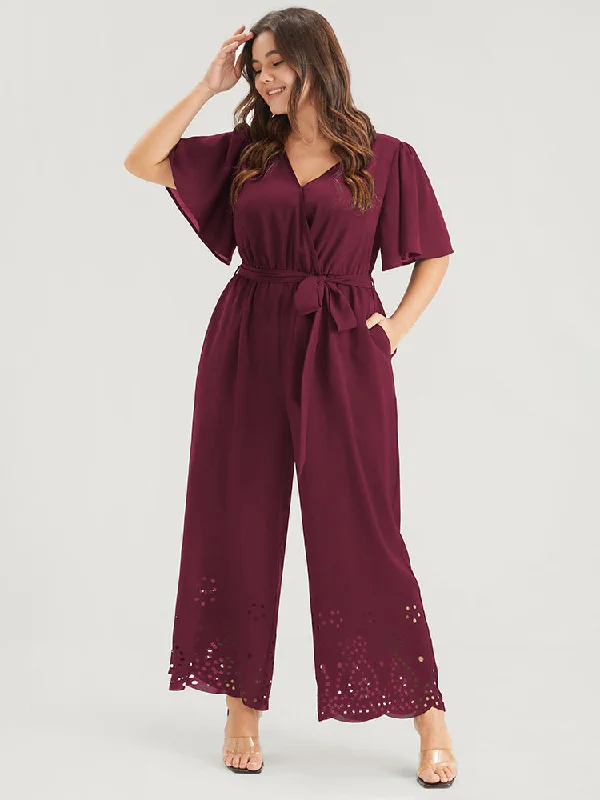 Plain Scalloped Pocket Ruffles Button Belted Laser Cut Wrap Jumpsuit