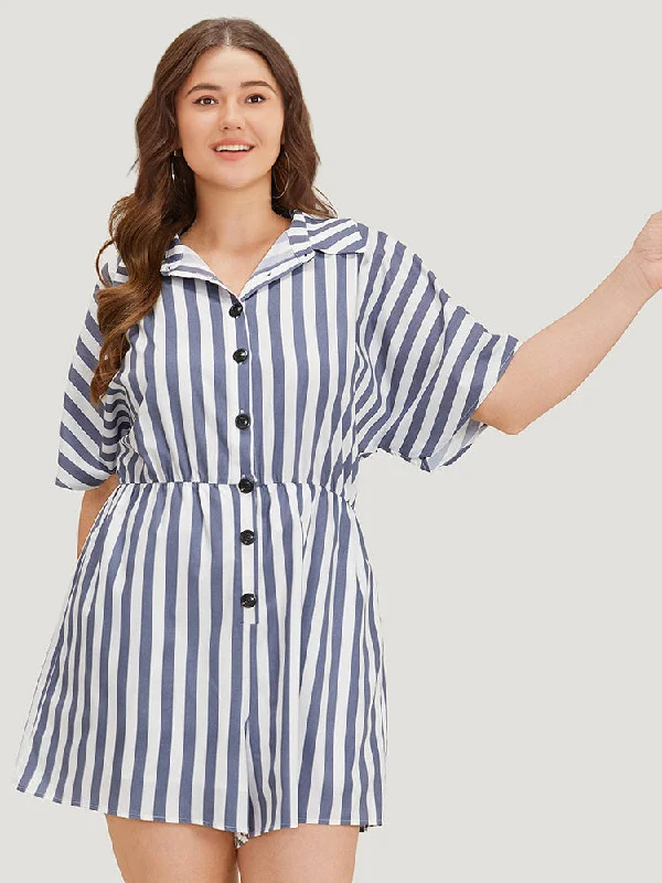 Shirt Collar Button Up Pocket Elastic Waist Romper