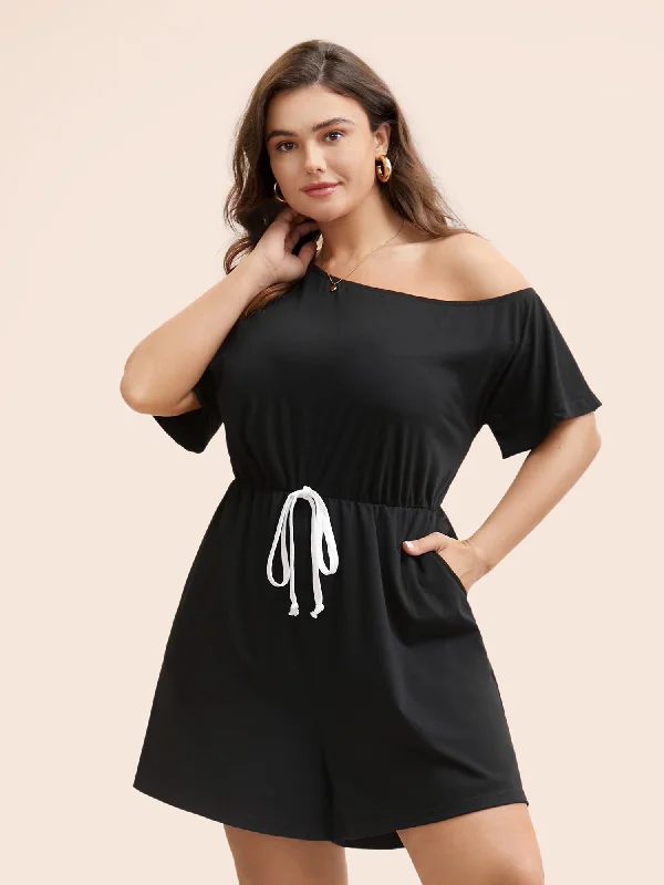 Solid Knotted Front Pocket One Shoulder Romper