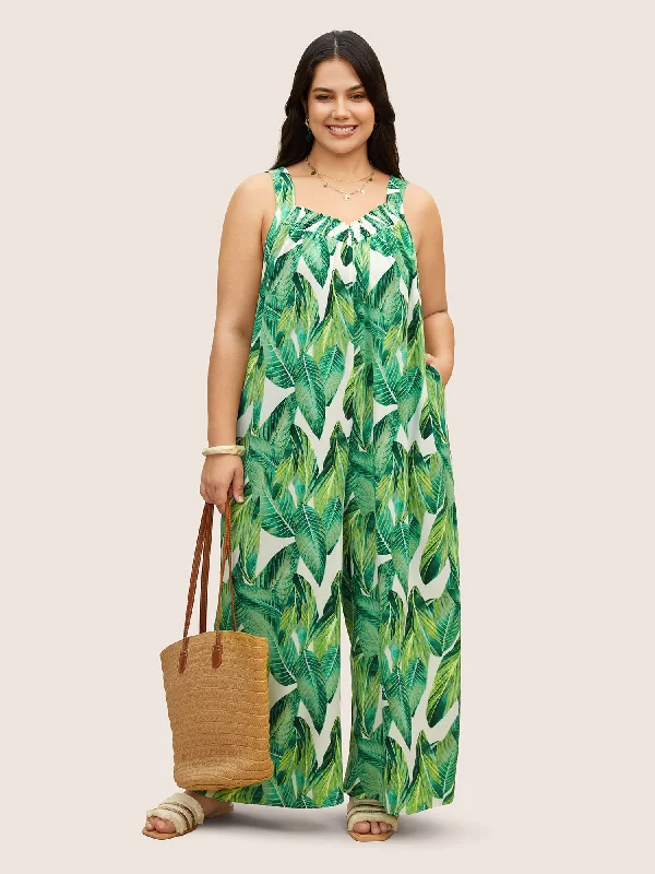 Tropical Print Shirred Side Seam Pocket Jumpsuit